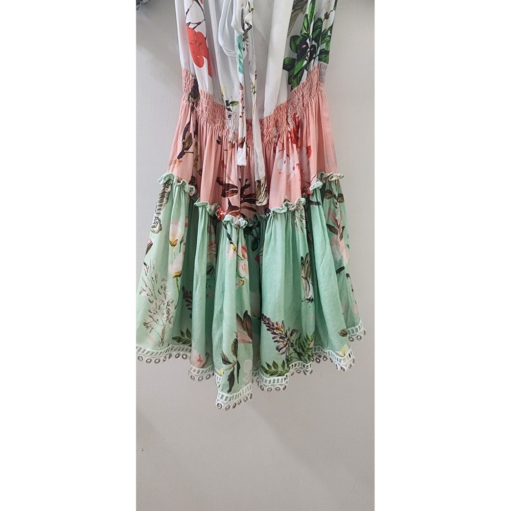 Hemant and Nandita Floral Tiered Mini Dress Smocked Waist Beaded Tassels Small - Picture 3 of 14